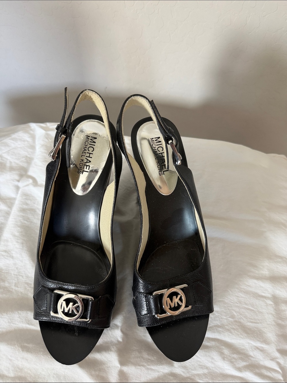 Michael Kors Black Open-Toe MK Logo Slingback Heels